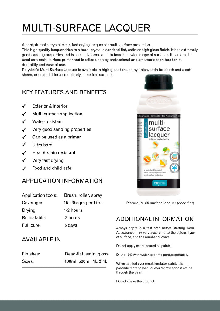 Spec sheet on Multi Surface Lacquer by Polyvine