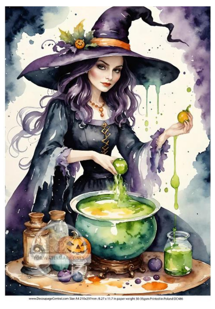 witch with dark purple hat and dress and green potion in caldron Rice Paper from Decoupage Central