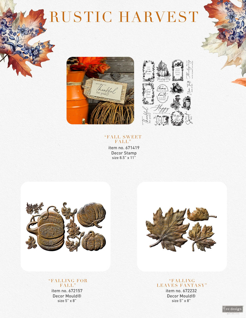 Rub on transfer with fall designs centered around pumpkins and leaves in varying colors and sizes. From traditional orange pumpkins to blue and white ones adorned with gorgeous blue floral prints