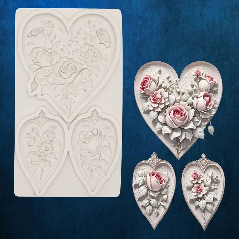 Silicone Craft Accent Mold. Three hearts with roses