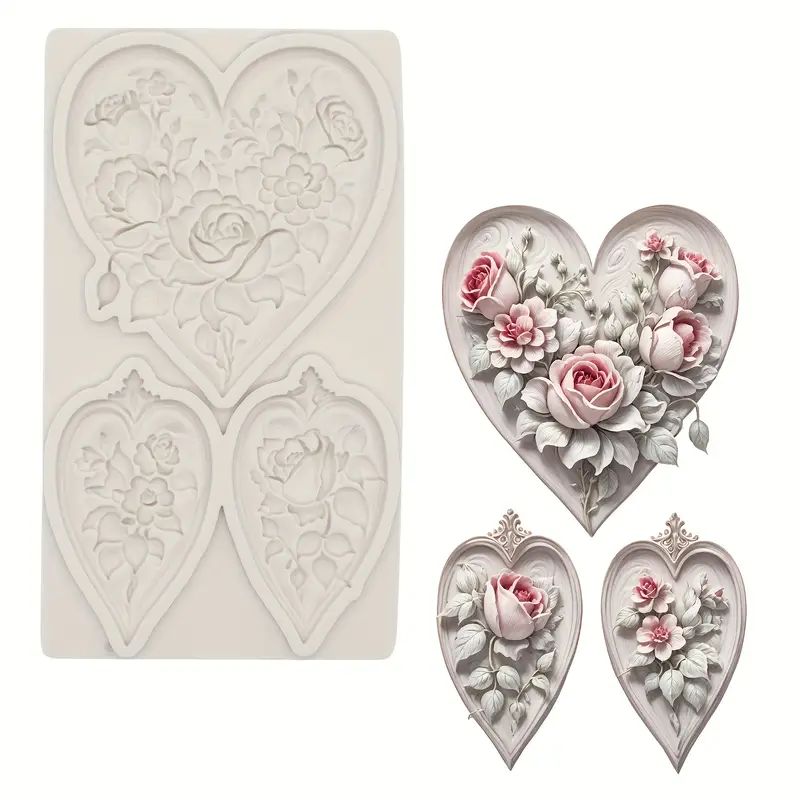 Silicone Craft Accent Mold. Three hearts with roses