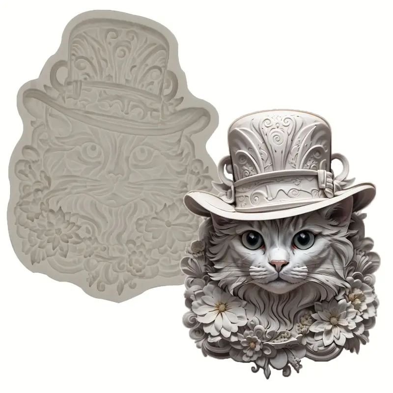 Silicone Craft Accent Mold. Cat in flowers wearing top hat