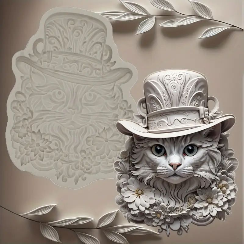 Silicone Craft Accent Mold. Cat in flowers wearing top hat