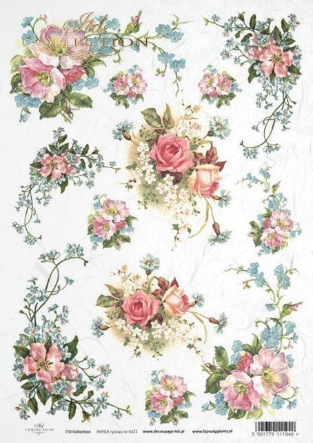 Delicate pink roses and blue flowers on branches. A4 decoupage rice paper by ITD collection.