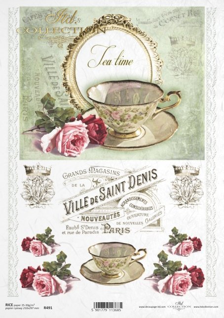 A4 Rice Paper for Decoupage by ITD Collection. 2 patterns with vintage tea cups and pink and red roses.