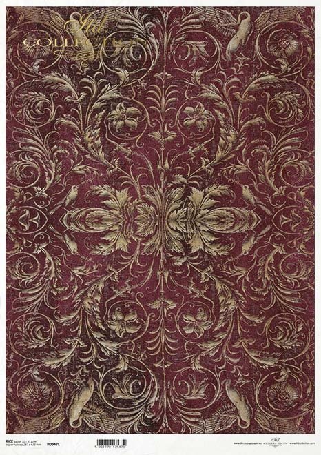 Gold and Burgundy leafy scroll texture pattern ITD Collection Rice paper.