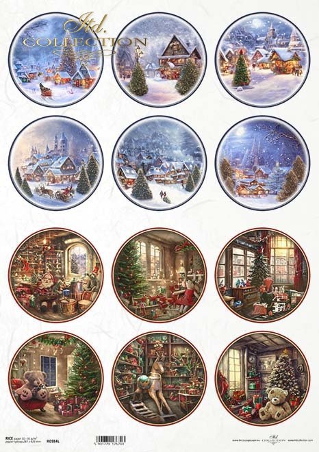 Twelve circular ornament style designs with snowy winter village and Santa, Toys, tree, teddy and Christmas decorations on ITD Collection Rice paper.