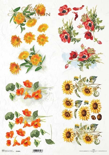 Multiple images of sunflowers and mixed blooms ITD Collection rice paper.