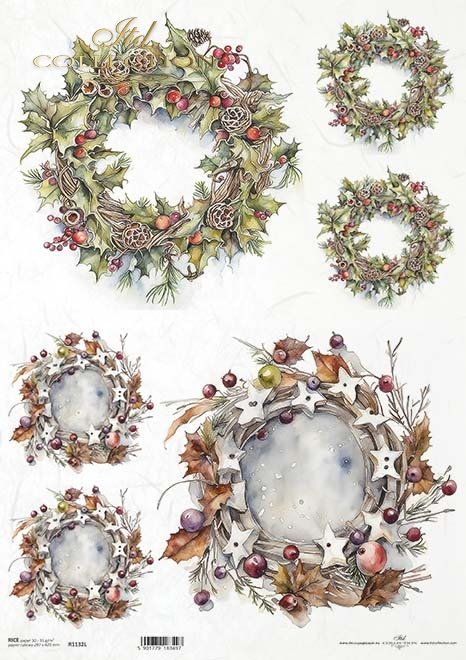 Multiple natural wreaths with leaves, sticks and pine cones ITD Collection rice paper for decoupage.