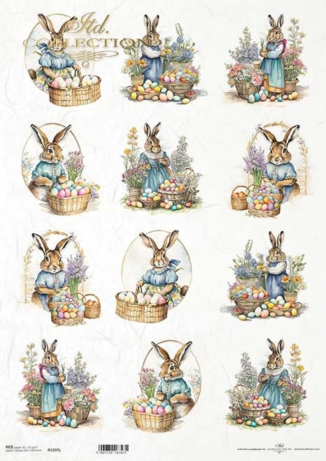 12 images of easter bunny in dress with egg baskets. ITD Collection A3 rice paper for decoupage.