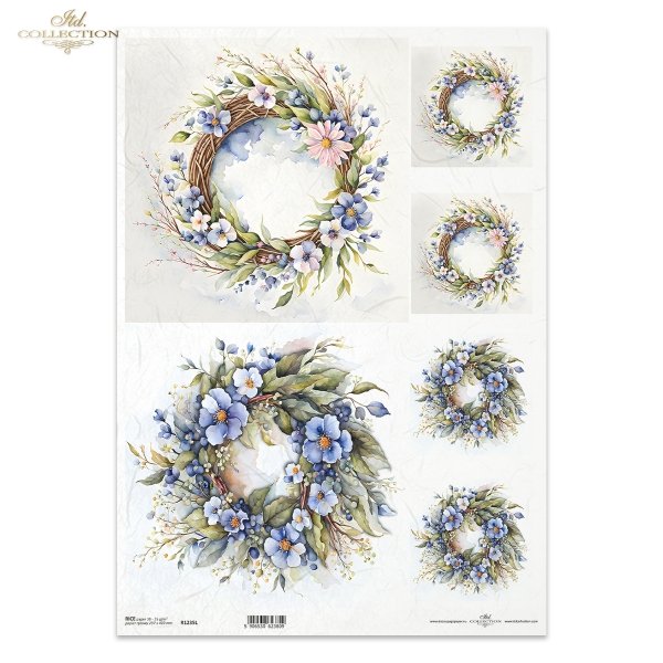 Wreaths with blue and pink flowers and greenery. ITD Collection A3 rice paper for decoupage.