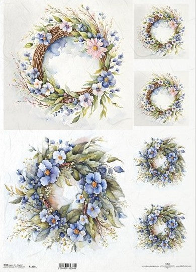Wreaths with blue and pink flowers and greenery. ITD Collection A3 rice paper for decoupage.