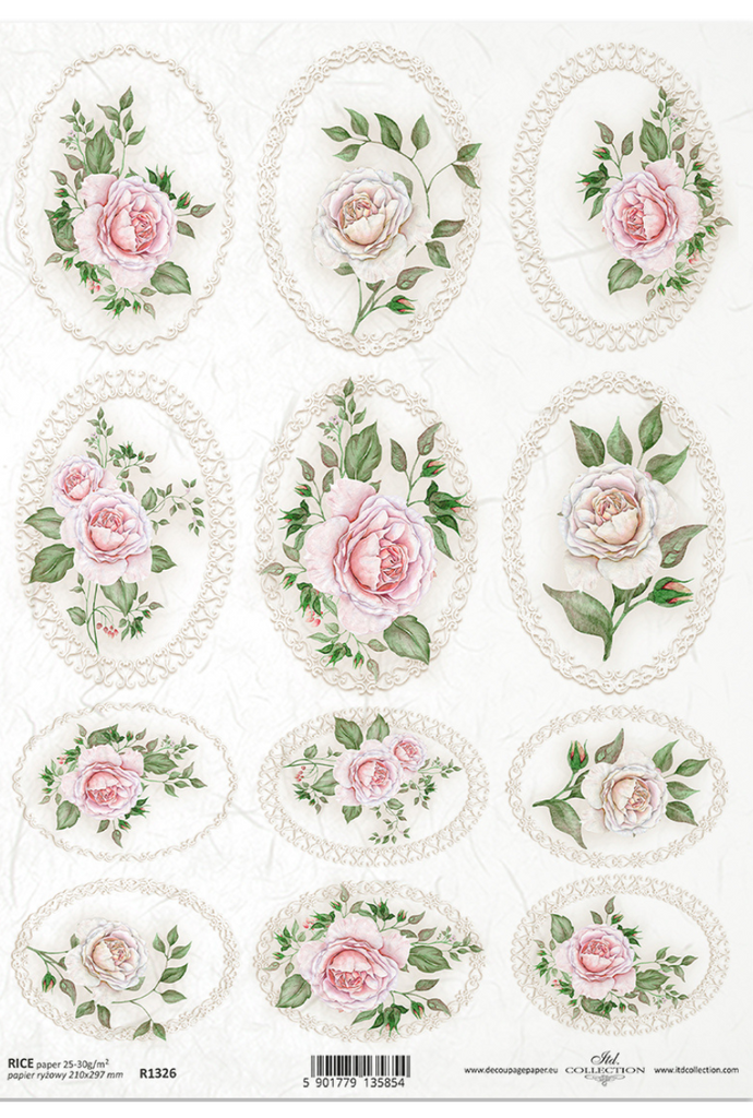 pink rose blossoms and green leaves in oval frames  ITD Collection Rice Paper