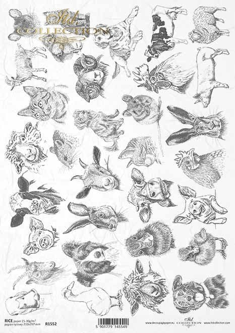Multiple black and white farm animal sketches. Colorful European Rice paper used for Decoupage Art, Decoupage Crafts and Home Decor. 