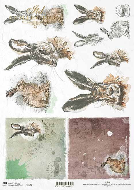 Multiple watercolor rabbit sketches. Colorful European Rice paper used for Decoupage Art, Decoupage Crafts and Home Decor. 