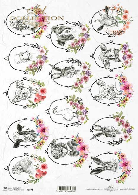 14 Small circle frames with farm animals Colorful European Rice paper used for Decoupage Art, Decoupage Crafts and Home Decor. 