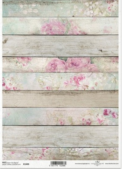 Pink roses on white washed wood background. ITD Collection rice paper for decoupage.