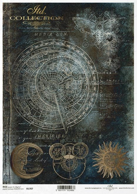 Mystical gothic ITD Collection rice paper for decoupage with astronomy theme, blue black background with gold moon, sun and compass.