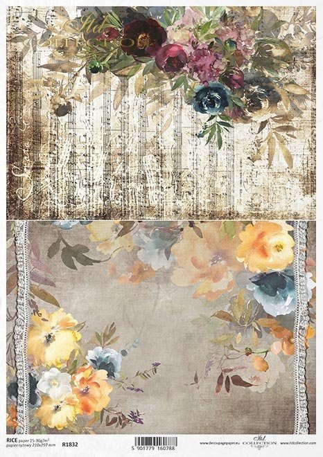Two patterns with rich blue and mauve florals on vintage music staff. ITD Collection high-quality European Decoupage Paper