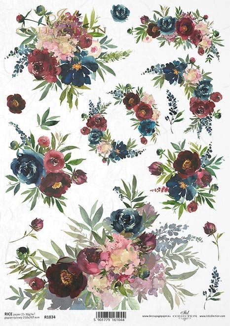 Dark purple and blue floral bunches with wreath. ITD Collection high-quality European Decoupage Paper
