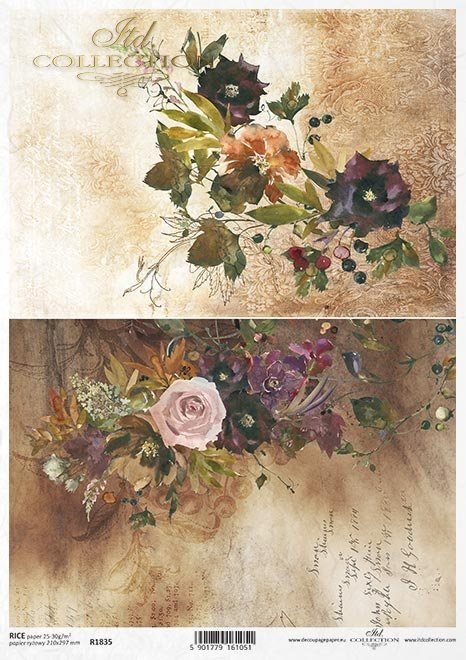 Rich mauve mixed florals on vintage script. ITD Collection high-quality European Decoupage Paper