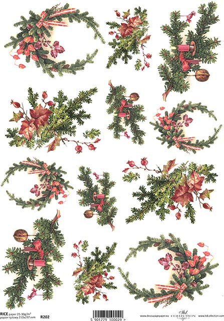 Christmas greenery, wreaths and red poinsettia. Beautiful European ITD Collection Decoupage Paper is of Exquisite Quality for Decoupage Art