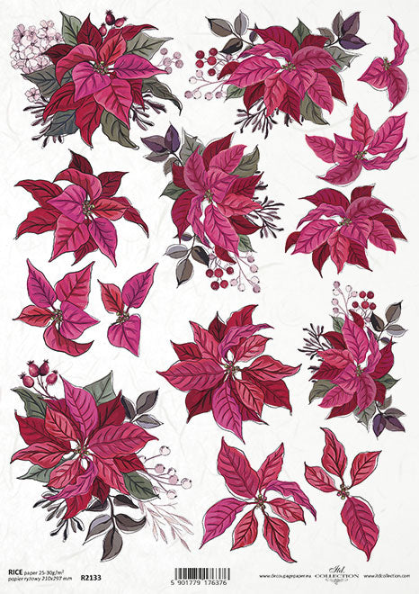 Red Poinsettias. Beautiful European ITD Collection Decoupage Paper is of Exquisite Quality for Decoupage Art