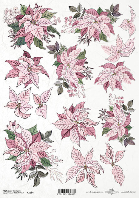 Pink poinsettias. Beautiful European ITD Collection Decoupage Paper is of Exquisite Quality for Decoupage Art