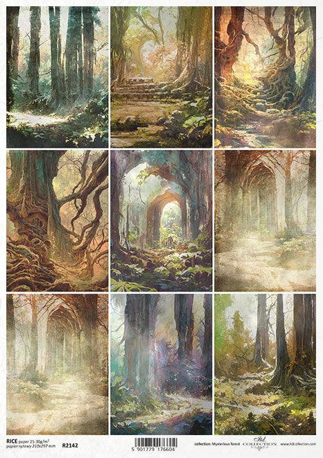 9 images of spooky forest in gold and green. Beautiful European ITD Collection Decoupage Paper is of Exquisite Quality for Decoupage Art
