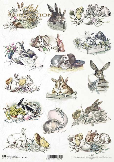 Bunny and Chick watercolor sketches. Colorful European Rice paper used for Decoupage Art, Decoupage Crafts and Home Decor. 
