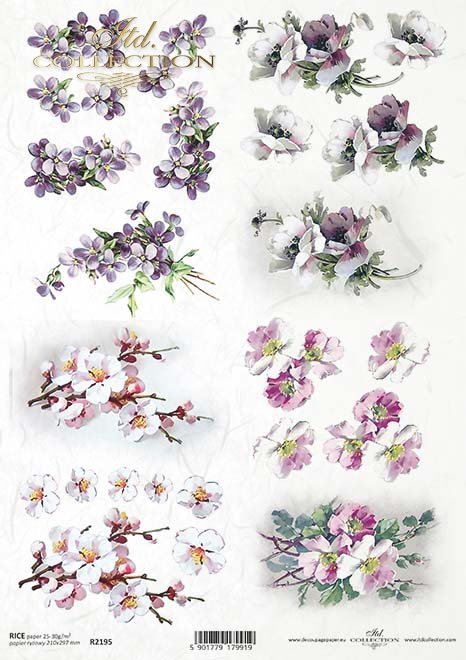 Pink and purple flowers. Colorful European Rice paper used for Decoupage Art, Decoupage Crafts and Home Decor. 