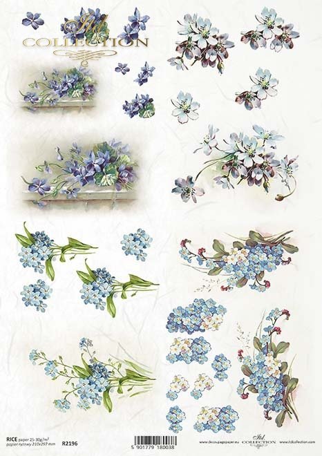 Small blue flowers. Colorful European Rice paper used for Decoupage Art, Decoupage Crafts and Home Decor. 