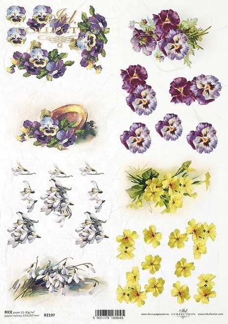 Yellow purple and white flowers. Colorful European Rice paper used for Decoupage Art, Decoupage Crafts and Home Decor. 