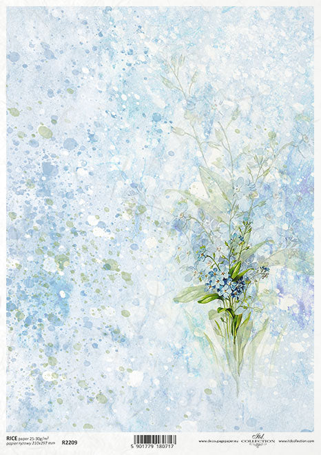Blue flowers on blue and white background. Beautiful European ITD Collection Decoupage Paper is of Exquisite Quality for Decoupage Art