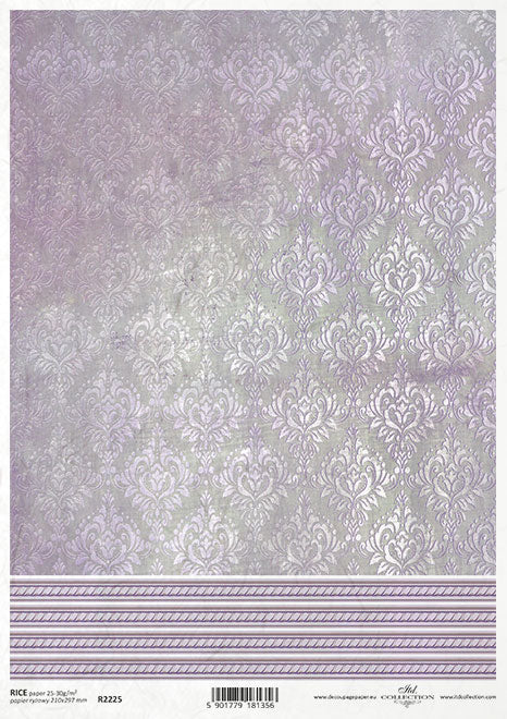 Lavender damask with stripe border. Beautiful European ITD Collection Decoupage Paper is of Exquisite Quality for Decoupage Art