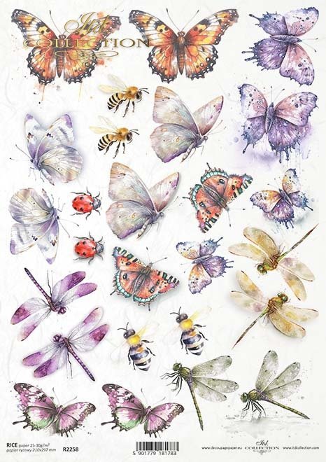 Colorful purple, red, yellow Bees, Butterflies and Dragonflies. ITD Collection Winged Beauties high-quality European Decoupage Paper is perfect for your crafting needs