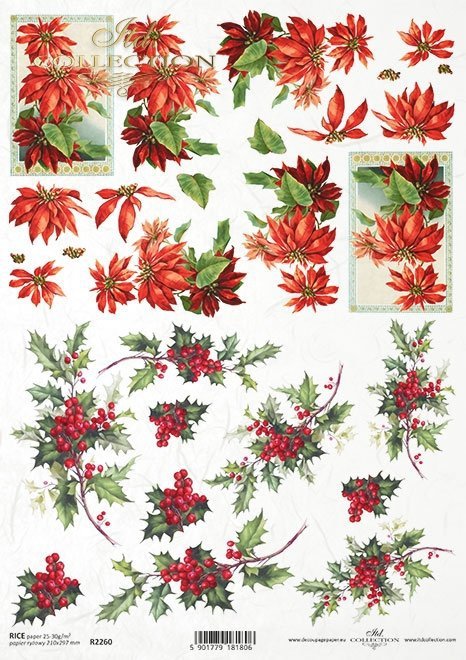 Red Holly Berry twigs and red poinsettia florals. Beautiful ITD Collection Christmas Flowers & Berries Rice Paper of Exquisite Quality for Decoupage crafts. Thin yet durable. Imported from Europe