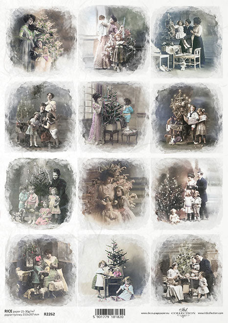 12 images of victorian family around Christmas tree. Beautiful European ITD Collection Decoupage Paper is of Exquisite Quality for Decoupage Art