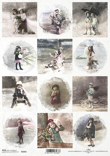12 images of victorian children playing in snow. Beautiful European ITD Collection Decoupage Paper is of Exquisite Quality for Decoupage Art
