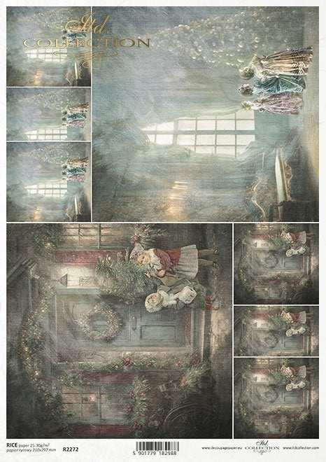 Scenes of Victorian children in home around tree at Christmas. Beautiful European ITD Collection Decoupage Paper is of Exquisite Quality for Decoupage Art