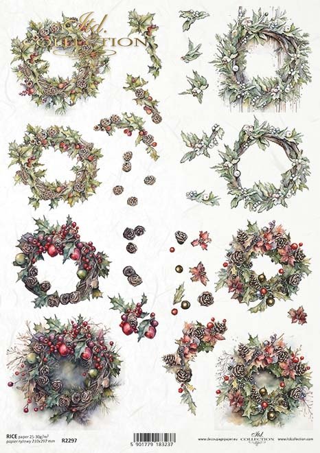 Multiple images of holiday wreaths with poinsettia, fruit and pine cones. A4 decoupage rice paper by ITD Collection.