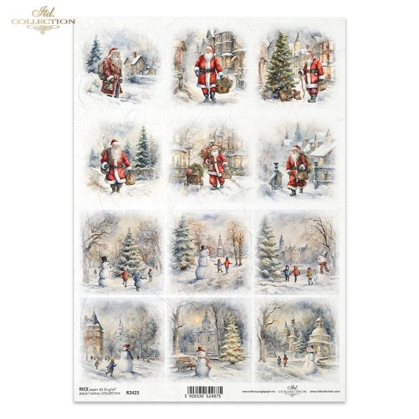 Twelve images of Santa and Snowman in vintage snowy city scenes.  ITD Collection Rice Paper