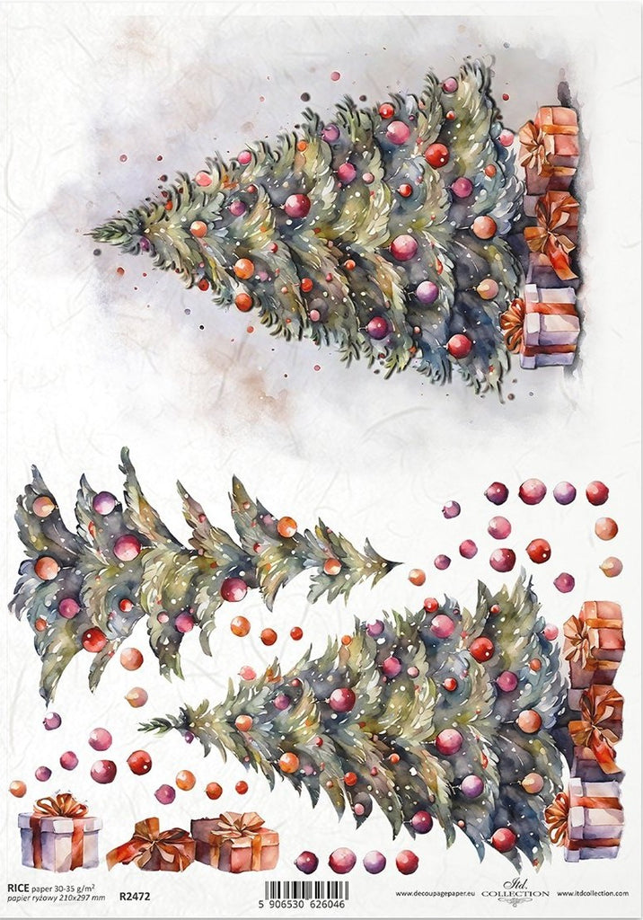 Three green Christmas trees with orange and red baubles and presents. ITD Collection Rice Paper