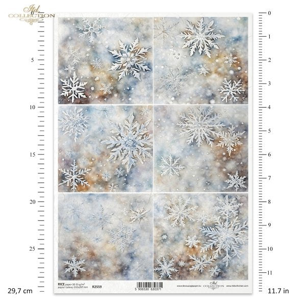 Snowflakes on blue and brown background. ITD Collection Rice Paper