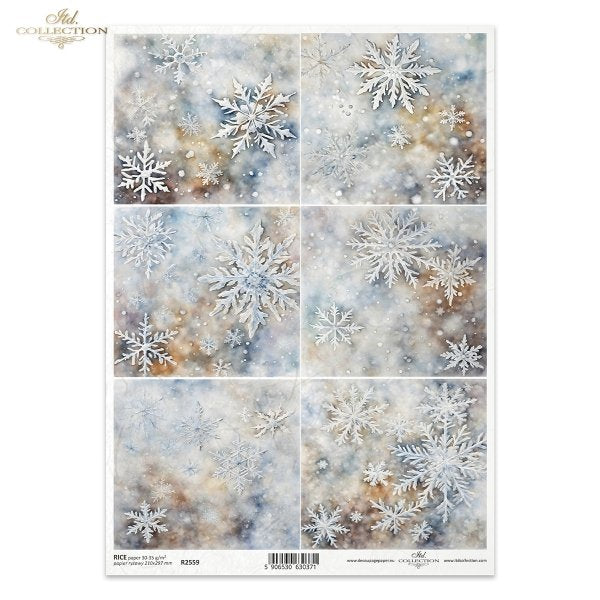 Snowflakes on blue and brown background. ITD Collection Rice Paper