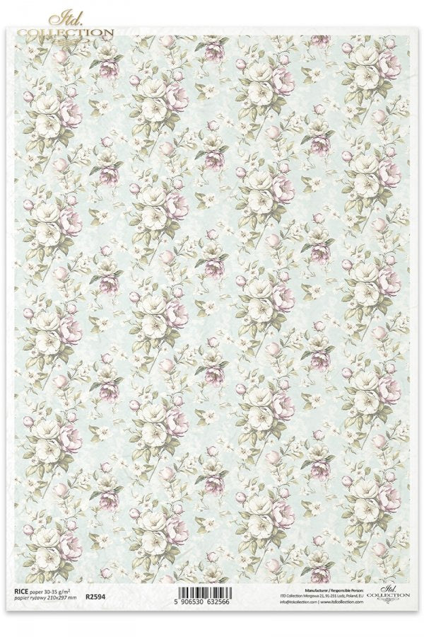 white roses with greenery on white blue background. ITD Collection rice paper for decoupage.