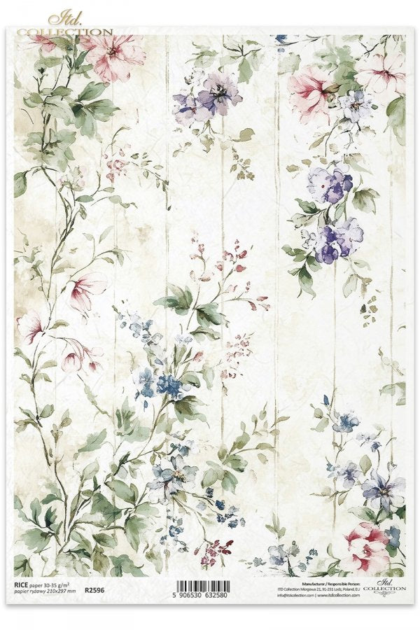 Tendrils of pink blue and purple flowers on white wood background. ITD Collection rice paper for decoupage.
