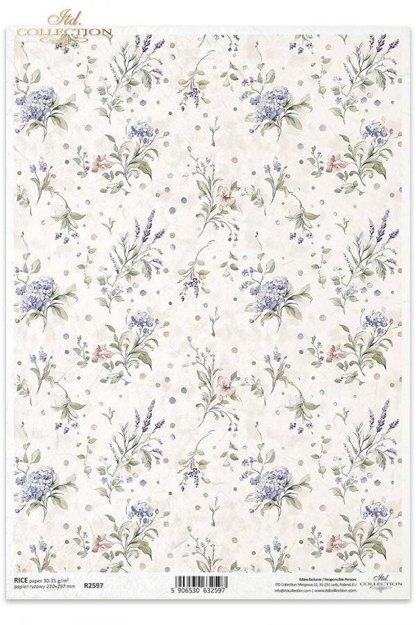 Small blue flowers on white background. ITD Collection rice paper for decoupage.