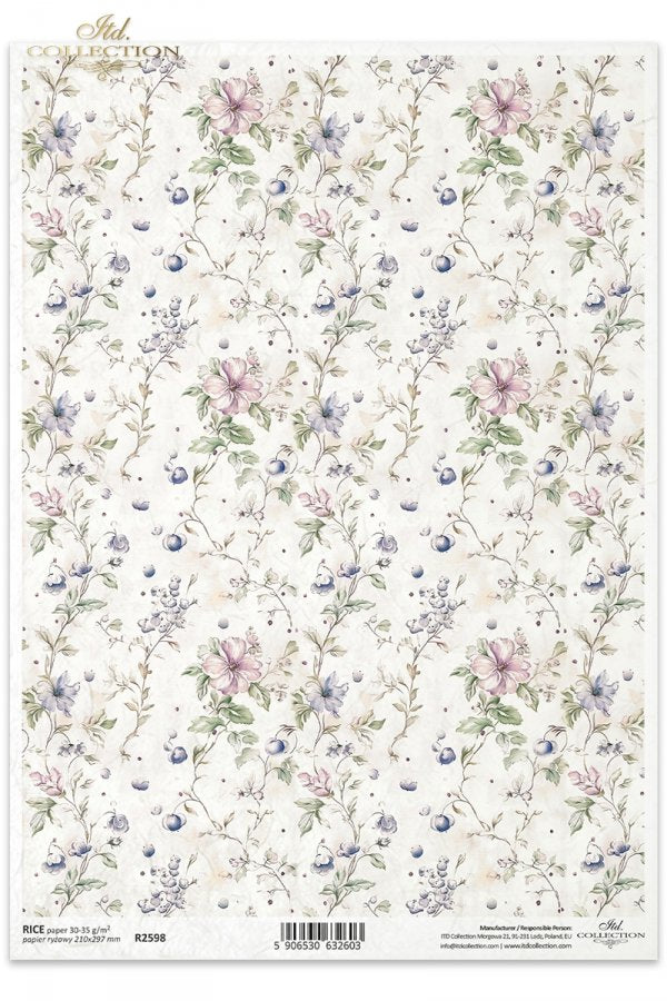 Pink and purple flowers on white background. ITD Collection rice paper for decoupage.