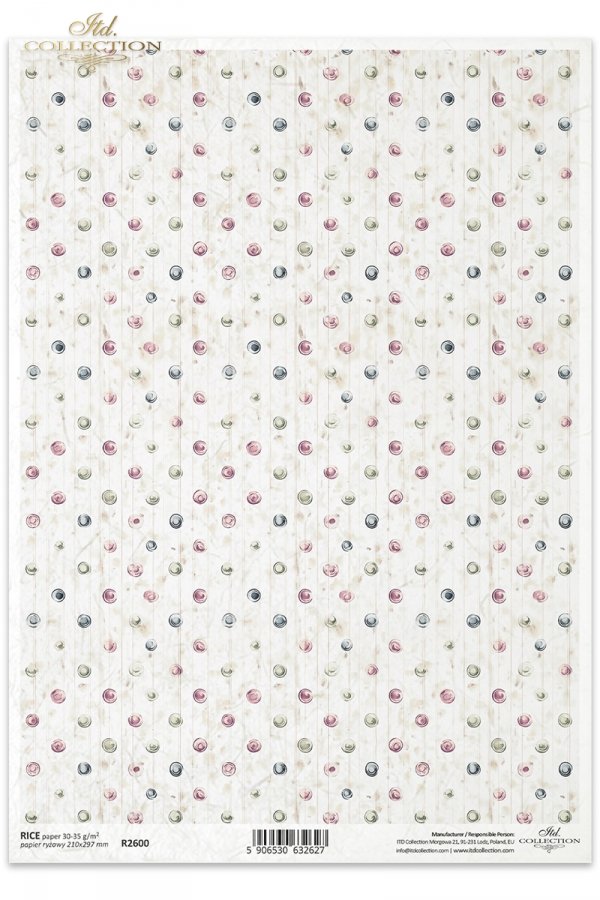 Pink green and blue polka dots on white background. ITD Collection rice paper for decoupage.